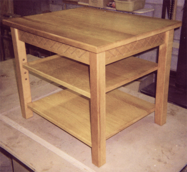 Tall End Table with shelves and carving from sugar pine